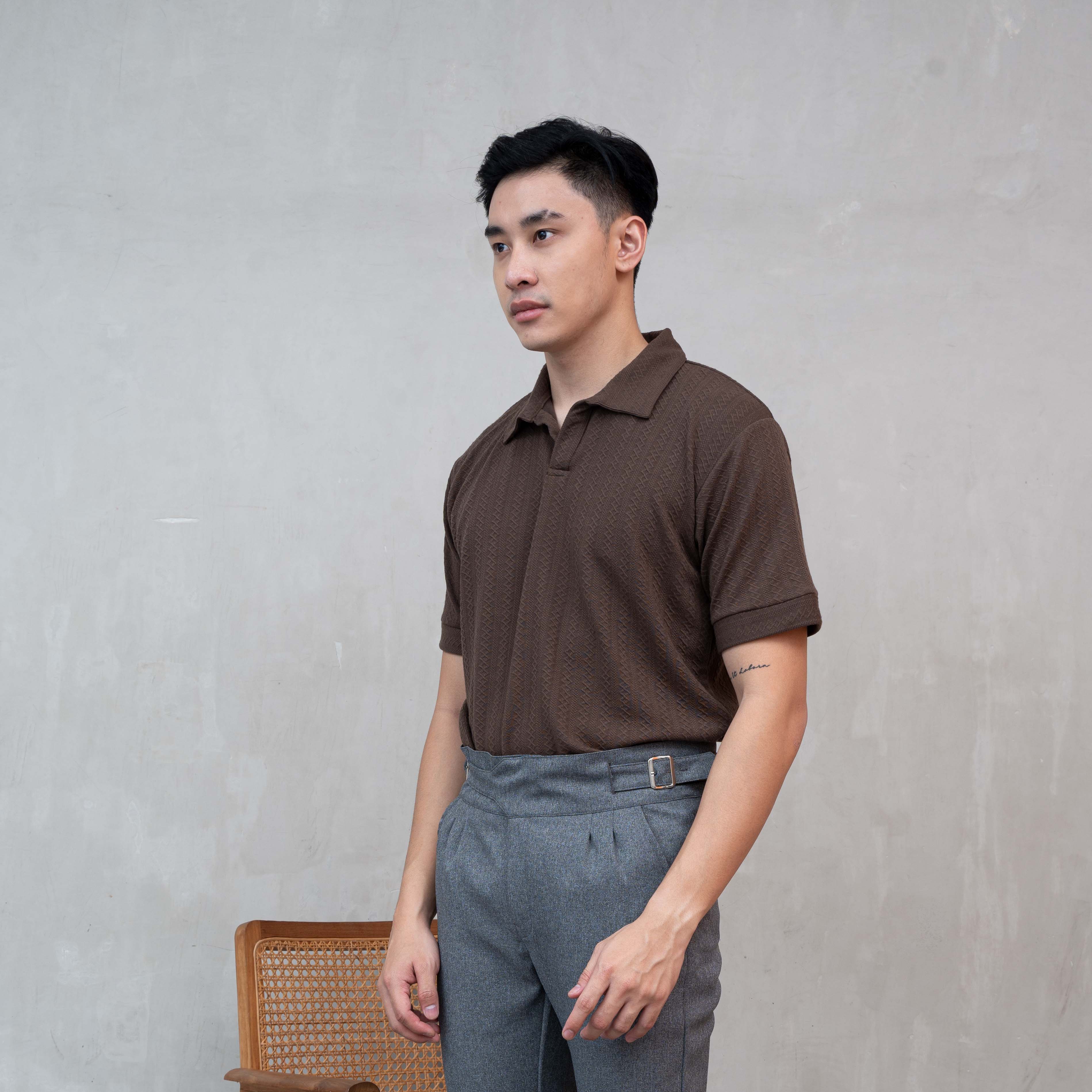  Polo Shirt Stretch Knit Short Sleeve Brown Taupe