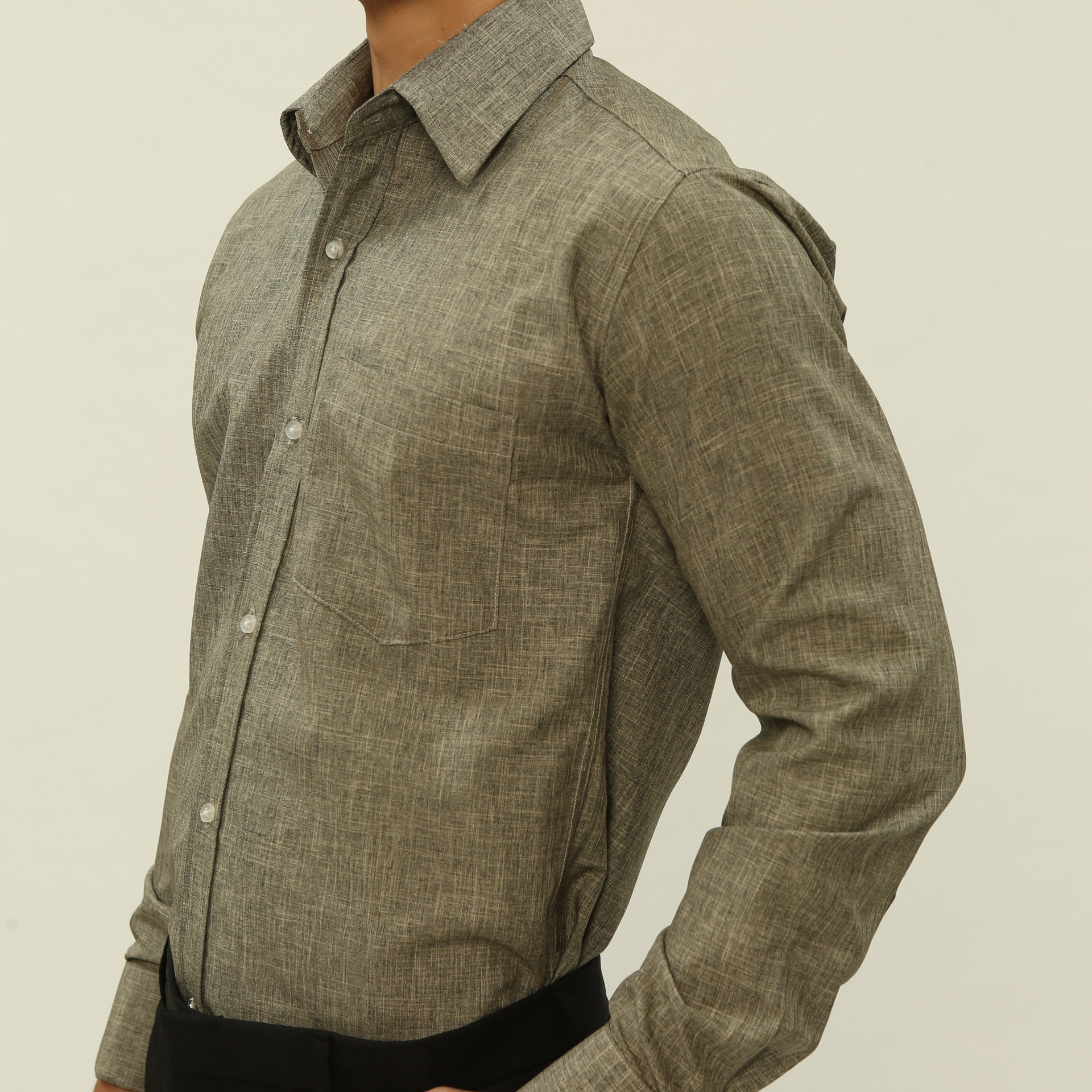 GREY OLIVE LINEN FRENCH CUFF SHIRT