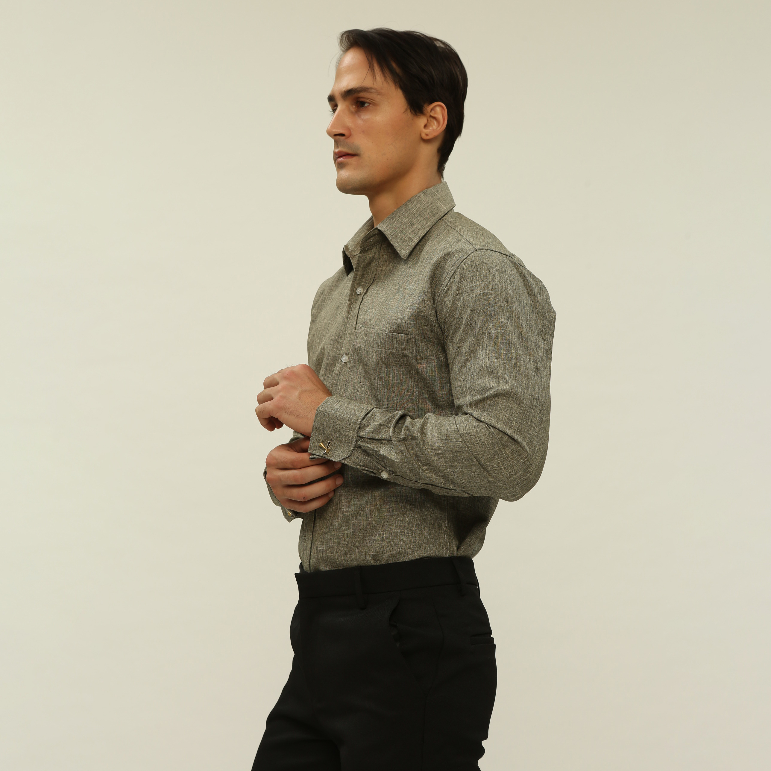 GREY OLIVE LINEN FRENCH CUFF SHIRT