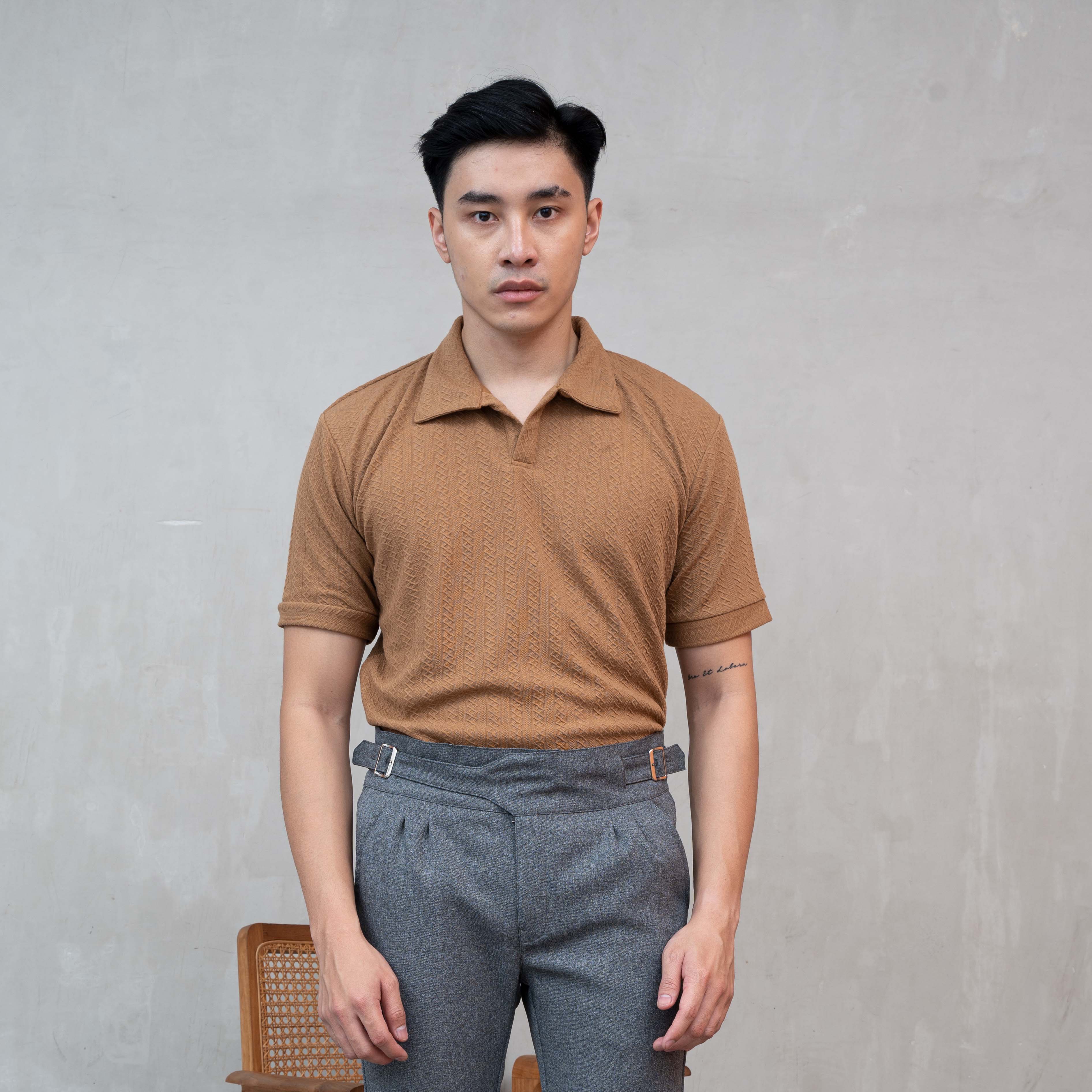  Polo Shirt Stretch Knit Short Sleeve Light Brown